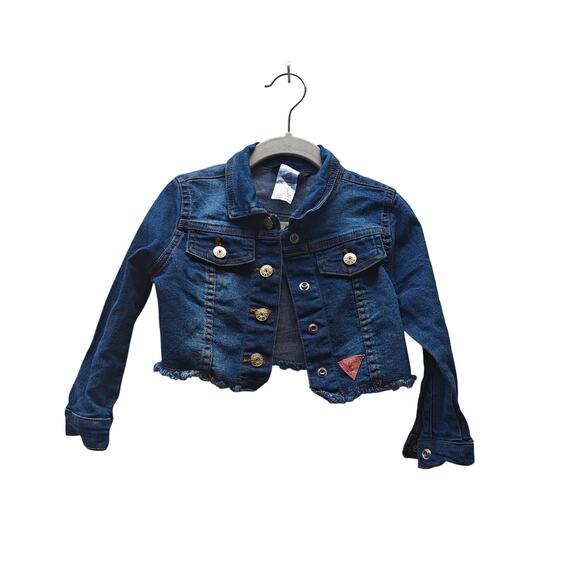 GUESS Girls 3T Cropped Denim Jacket Raw Hem Logo Patch Stretch Jean Buttons Blue - Picture 1 of 4